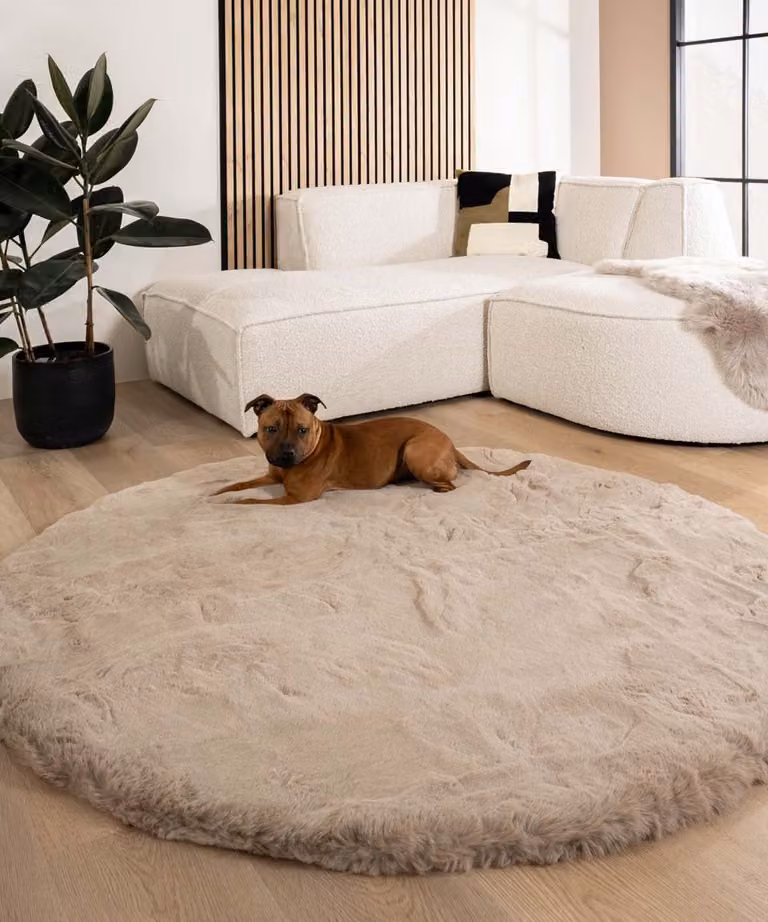 Tapeso Fluffy vloerkleed rond Comfy Deluxe taupe 230 cm