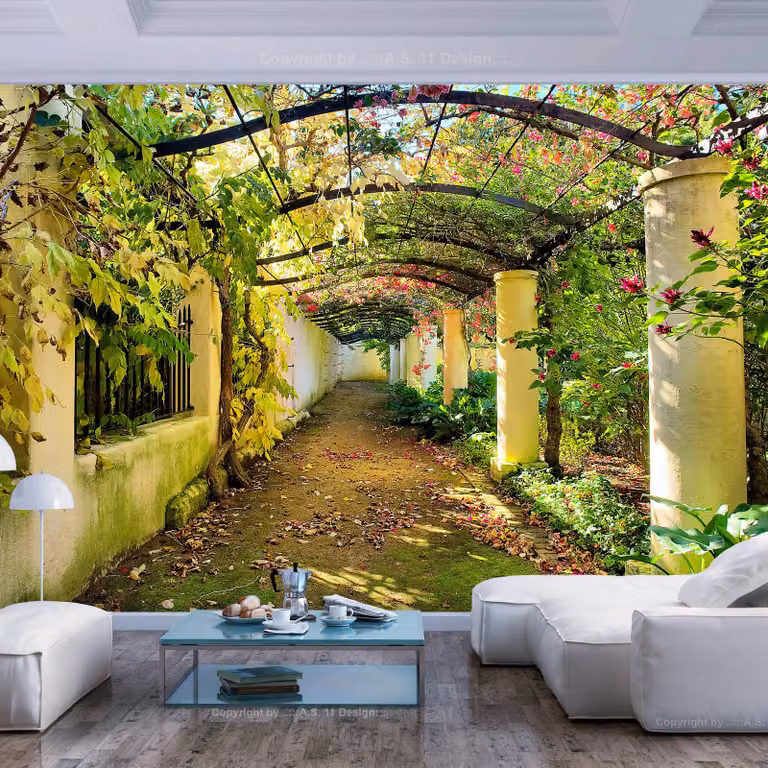 home24 Fotobehang Laubengang Mural met Natuurmotief, Groen/Multicolour, Breedte: 350 cm, Hoogte: 245 cm