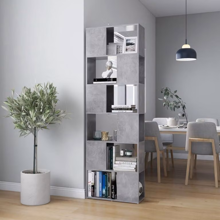 Boekenkast Room Divider met zes open vakken, Beton Grijs, B: 60 cm, D: 24 cm, H: 186 cm