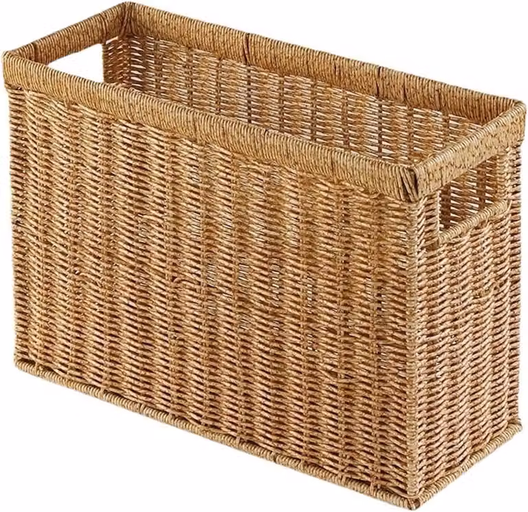 Handgevlochten Krantenstandaard en Tijdschriften Organizer in Bruin - Rattan en Hout - B/D/H: 38 x 15 x 26 cm