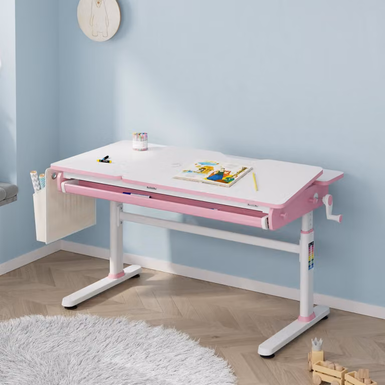 en.casa Verstelbaar kinderbureau Kuosa met lade en tas, roze/wit, B: 120 cm, D: 60 cm, H: 76 cm