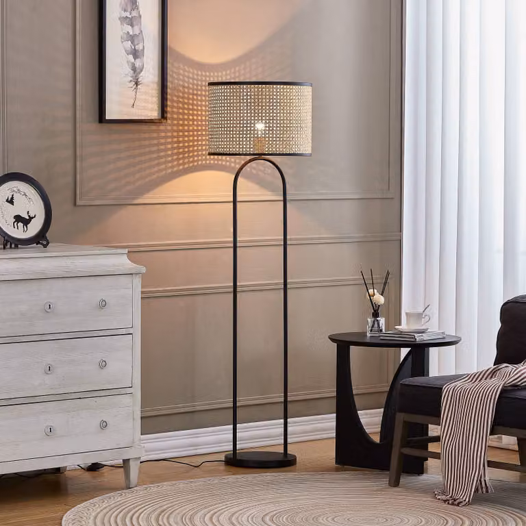 Lindby Vloerlamp Yaelle Scandinavisch Design, Rattan en Hout, Beige, H 146 x B 40 x D 28 cm