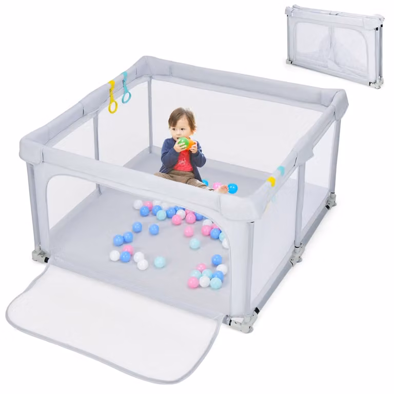 Costway Opvouwbare Oxford Stoffen Box met Ademend Gaas en 4 Handgrepen voor Kinderen, Grijs, Hoogte: 70 cm