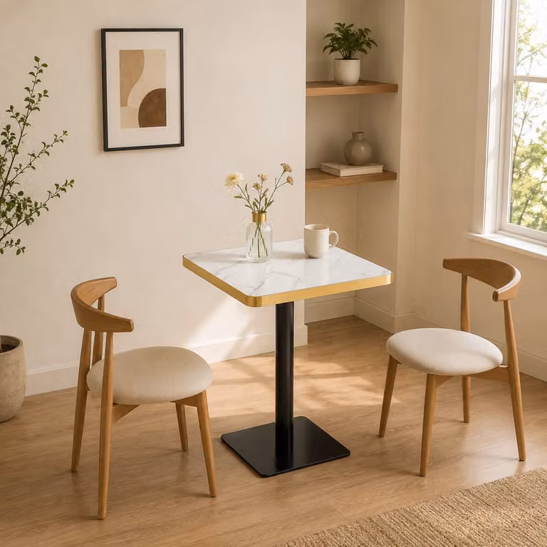 DESMIU Vierkante Eettafel met Marmerlook en UV-coating, Wit met Gouden Rand, B/D/H: 60 x 60 x 74 cm