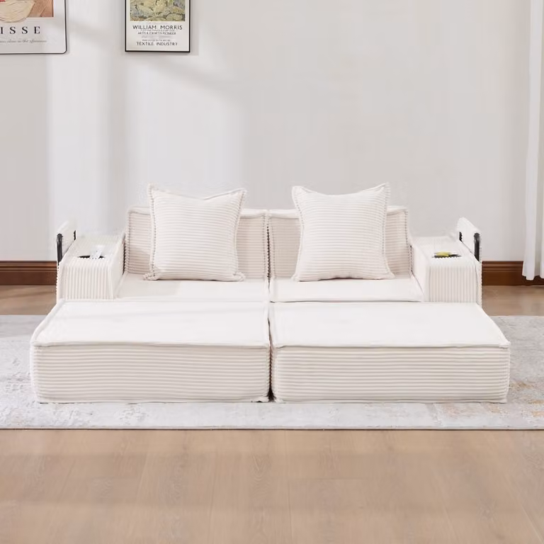 MODFU 2-Zits Scandinavische Bank met Zijvakken en 2 Kussens, Ribstof, Beige, B: 162 cm, D: 78 cm, H: 66 cm