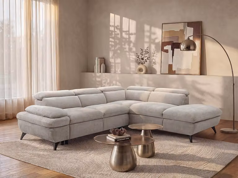 SURDELI Omkeerbare hoekslaapbank met rechterhoek in beige gestructureerde stof, B/D/H: 280 x 171 x 79 cm