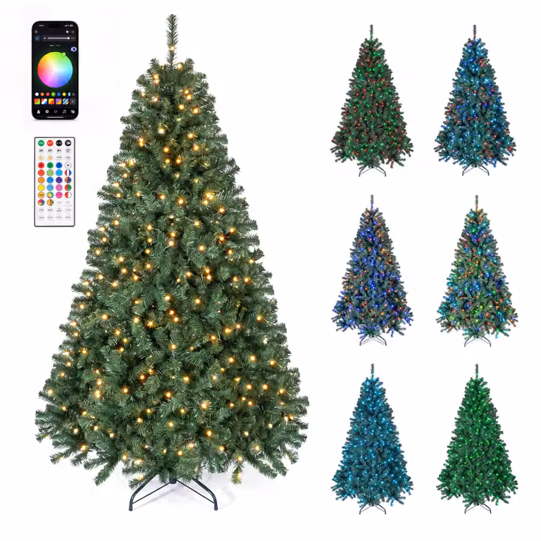 Costway Kunstmatige Kerstboom met 1072 Takken en 300 Verlichting, Opvouwbaar en Levensecht