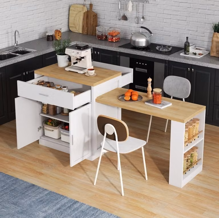 FloraGrace Keukeneiland met uitschuifbare eettafel voor 2 tot 6 personen, voorzien van stopcontacten en USB-poorten, Wit, B/D/H: 188 x 55 x 92 cm