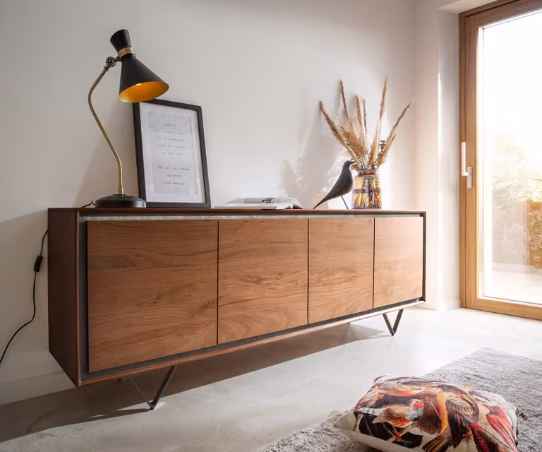 DELIFE Dressoir Stonegrace, Acacia Bruin met Steenfineer, 4 Deuren, V-poot Zwart, Breedte: 200 cm