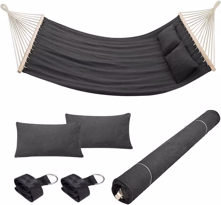 Antraciet tweepersoons hangmat voor in de tuin met houten stangen en katoenen overtrek - 232 x 148 cm