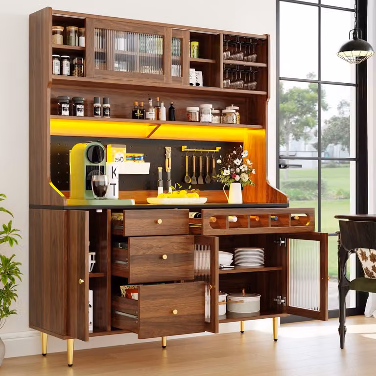 Sweiko Keukenkast Dressoir met LED-verlichting, Wijnrek en 3 Lades, Bruin