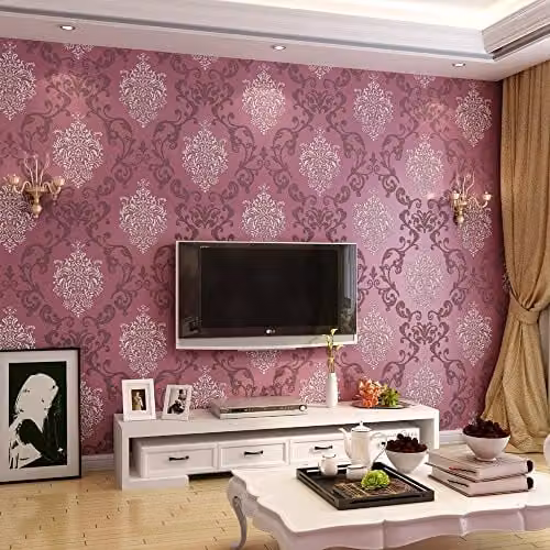 KeTian Luxe 3D Damast Behang met Parelgloed, Non-woven, Paars Rood, Breedte: 0,53 m, Lengte: 10 m