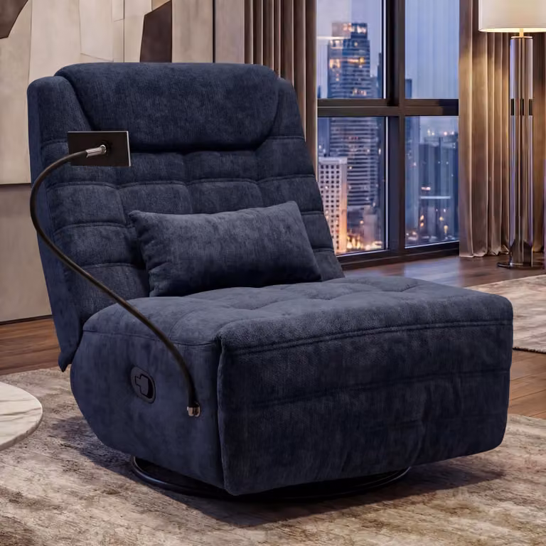 Mendler Relaxfauteuil HWC-P92 TV-fauteuil met kantelfunctie en telefoonhouder, blauw chenille