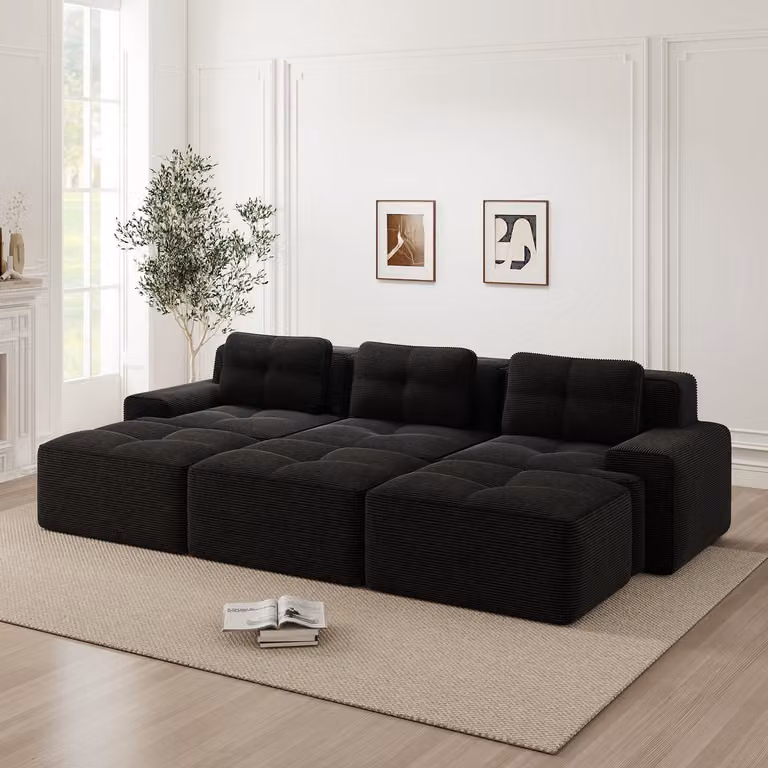 Modulaire 3-zits hoekbank met 3 hockers in zwart corduroy met slaapfunctie