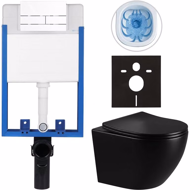 CERANO Complete inbouwtoiletset Lite/Verde zwart glanzend met witte Toiletknop Line voor inbouw, 49 x 36 cm