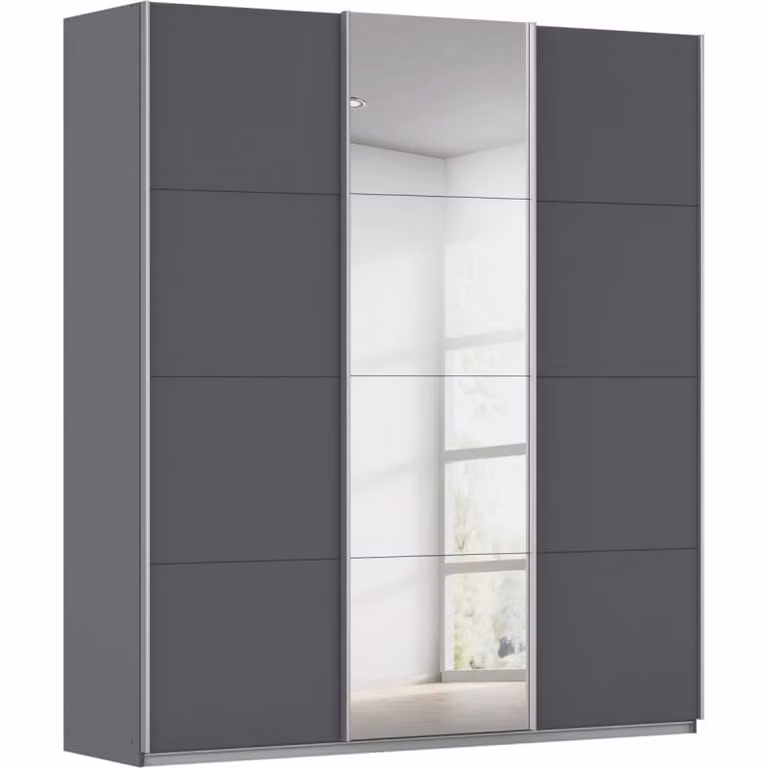 Kledingkast Kick Grijs metallic met glazen deuren en aluminiumkleur greeplijst B/D/H: 229 x 203 cm