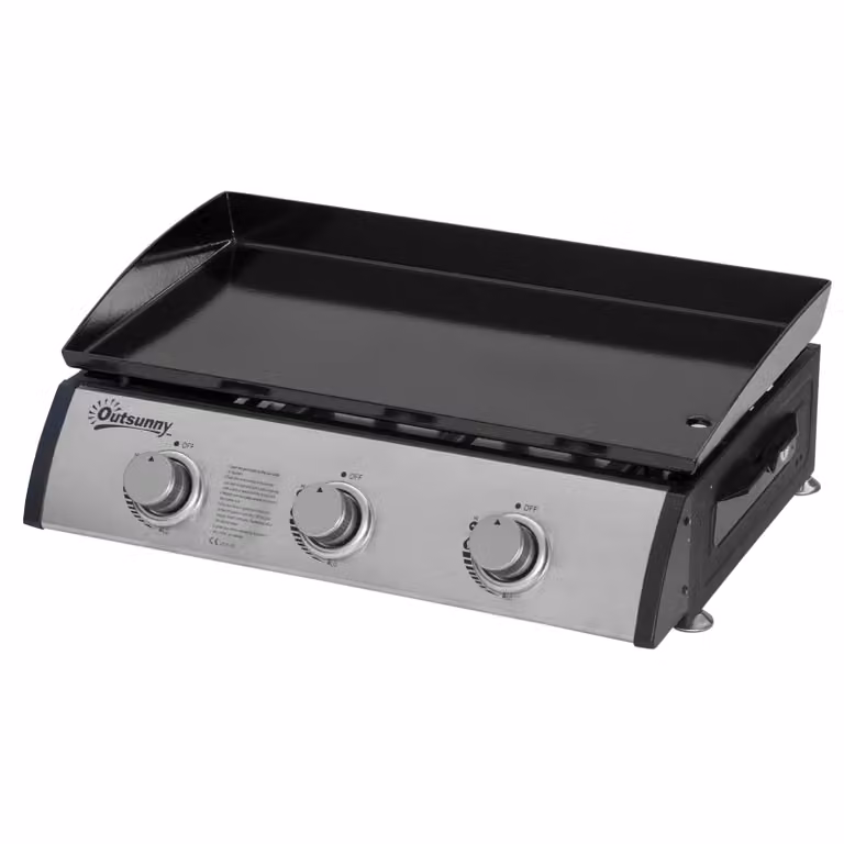 Outsunny Gasgrill met 3 Branders, Slang en Anti-aanbak Grillplaat, Zilver, B/D/H: 63 x 48 x 21 cm