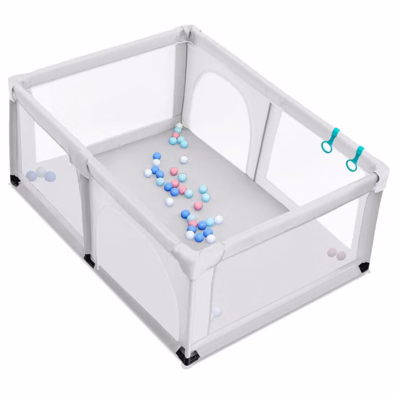 Costway Babybox met 50 speelballen en 2 deuren, grijze baby speelbox grondbox, B: 190 cm, D: 120 cm