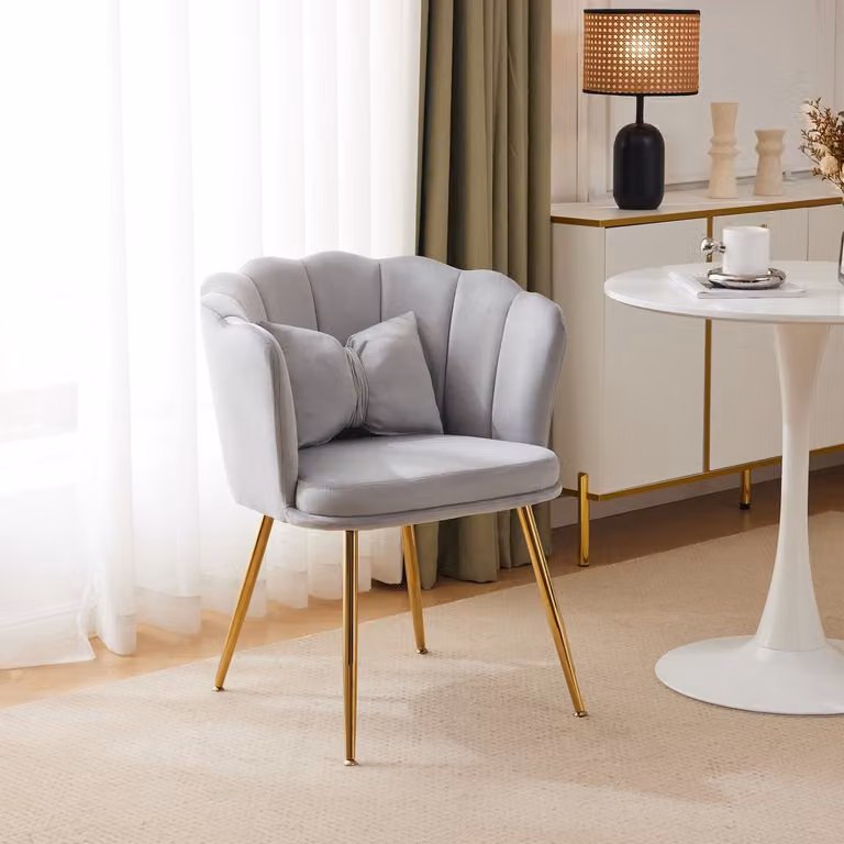 MODENUIT Fauteuil met Bloemblaadjes Design, Vlinderkussen en Gouden Metalen Poten, Fluweel Grijs