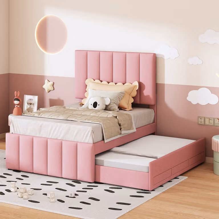 REDOM Ledikant voor kinderen, Linnen roze, B/D/H: 90 x 200 cm, voorzien van 3 laden en verstelbaar hoofdeinde