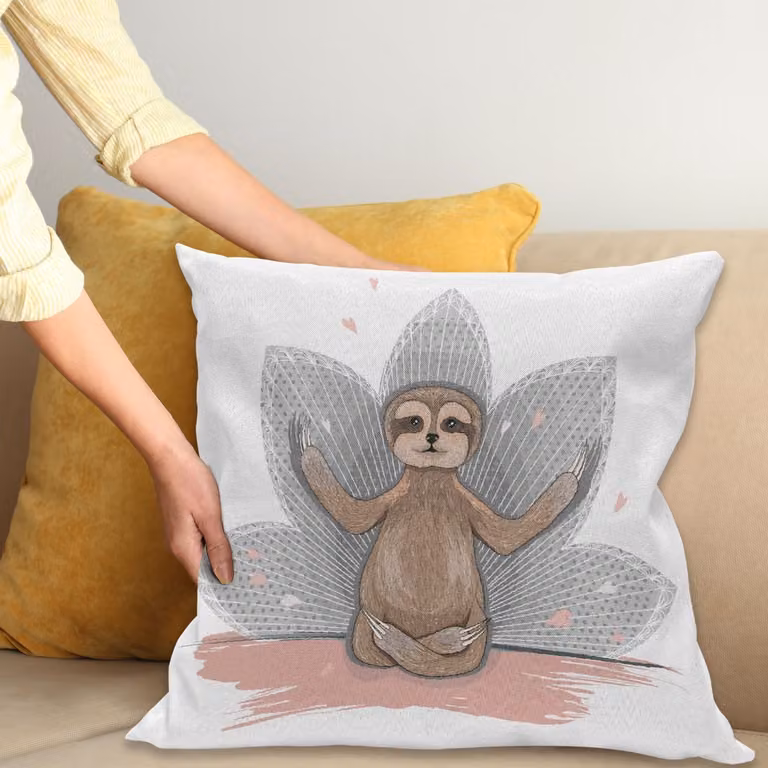 ABAKUHAUS Faultier Kussenhoes Kleine Sloth Meditation met Ritssluiting en Dubbelzijdige Print, 40 x 40 cm, Roze Bruin Grijs