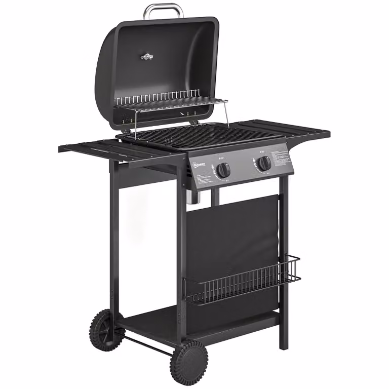 Outsunny Gasbarbecue met 2 branders en 5 kW vermogen, roestvrij staal, inclusief zijtafel, thermometer en geëmailleerd grillrooster