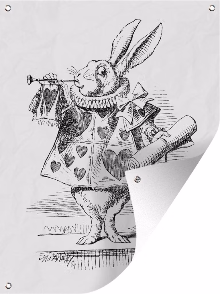 Tuinposter Vintage muziekspelend konijn - Zwart wit - Buiten decoratie voor in de tuin of aan de schutting - Breedte: 90 cm, Hoogte: 120 cm