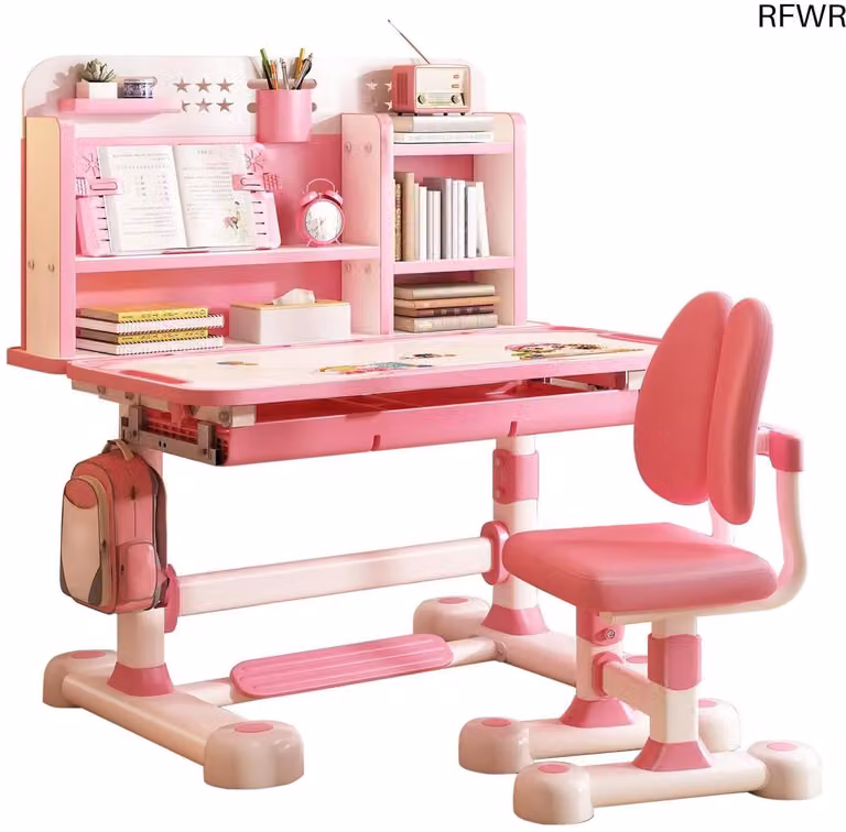RFWR Verstelbaar Kinderbureau met Ergonomische Stoel en Opbergruimte - Roze