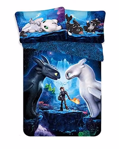 Theonoi 2-delige kinderbeddengoed set How to Train Your Dragon, omkeerbaar katoen, Dekbedovertrek: 135 x 200 cm, Kussensloop: 80 x 80 cm