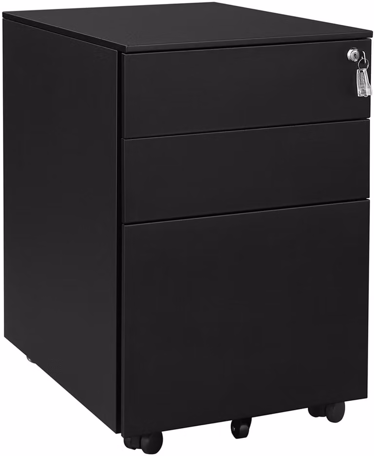 Zwarte metalen dossierkast met 3 laden, slot en wieltjes, B/D/H: 52 x 39 x 60 cm