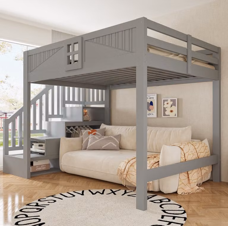 MODENUIT Hoogslaper met opbergruimte en wisselbare ladder, Grijs, 140 x 200 cm