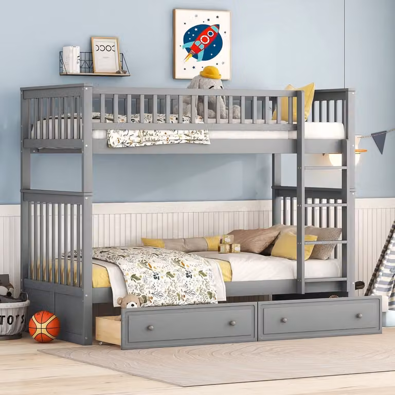 Grijs stapelbed voor kinderen met lades, 90 x 200 cm