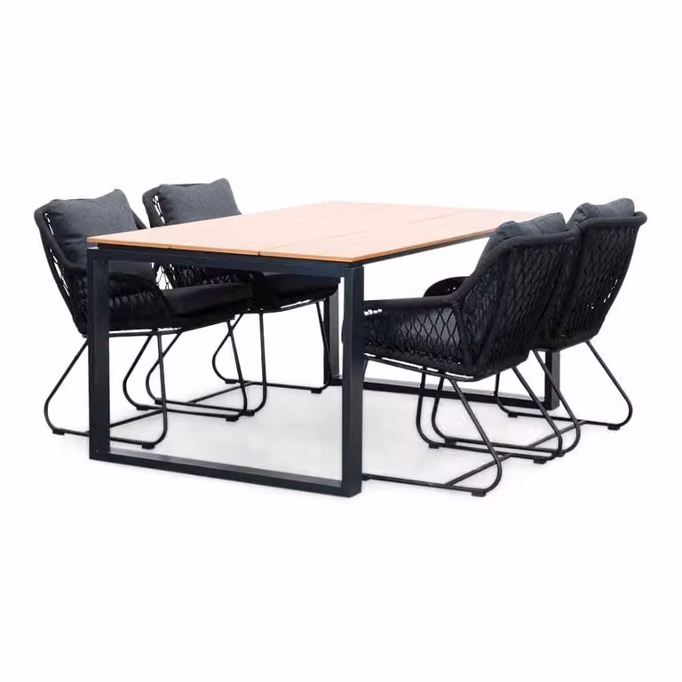 LUX outdoor living Helsinki dining tuinset Natural/Portofino zwart voor 4 personen met polywood en touw, Breedte: 160 cm