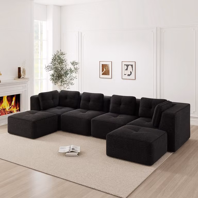 OKWISH Modulaire Hoekbank met Slaapfunctie in Corduroy - Zwart - Zitdiepte: 74 cm