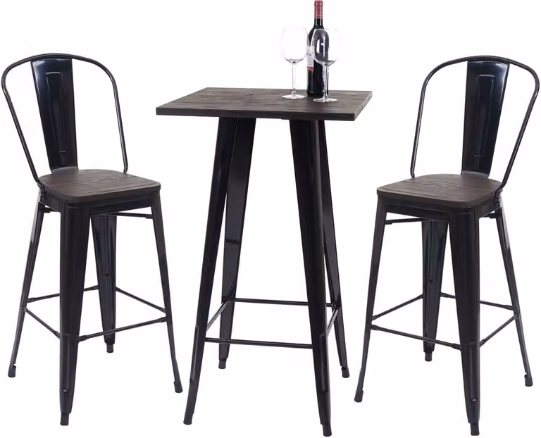 Cosmo Casa Statafel met 2 Barkrukken en Houten Tafelblad - Zwart - Industrieel Metaal Ontwerp