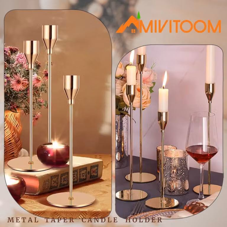 Set van 3 gouden metalen kaarsenhouders met taps toelopend design voor een elegante decoratie