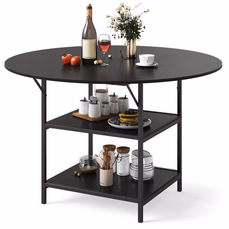 Costway Ronde Eettafel voor 4-6 Personen met Open Opbergvak en Metalen Onderstel, Breedte: 120 cm, Hoogte: 76 cm