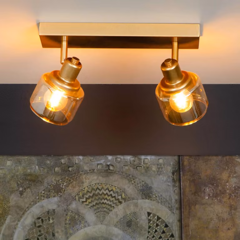 Lucide Bjorn Plafondspot Goud/Messing met 2 Glazen Lampen, Dimbaar en Verstelbaar