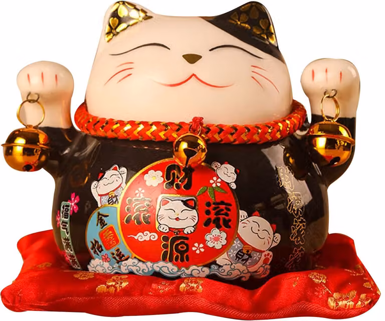 Keramische Spaarpot Maneki Neko Gelukskat Feng Shui - Zwart - Hoogte: 11.5 cm