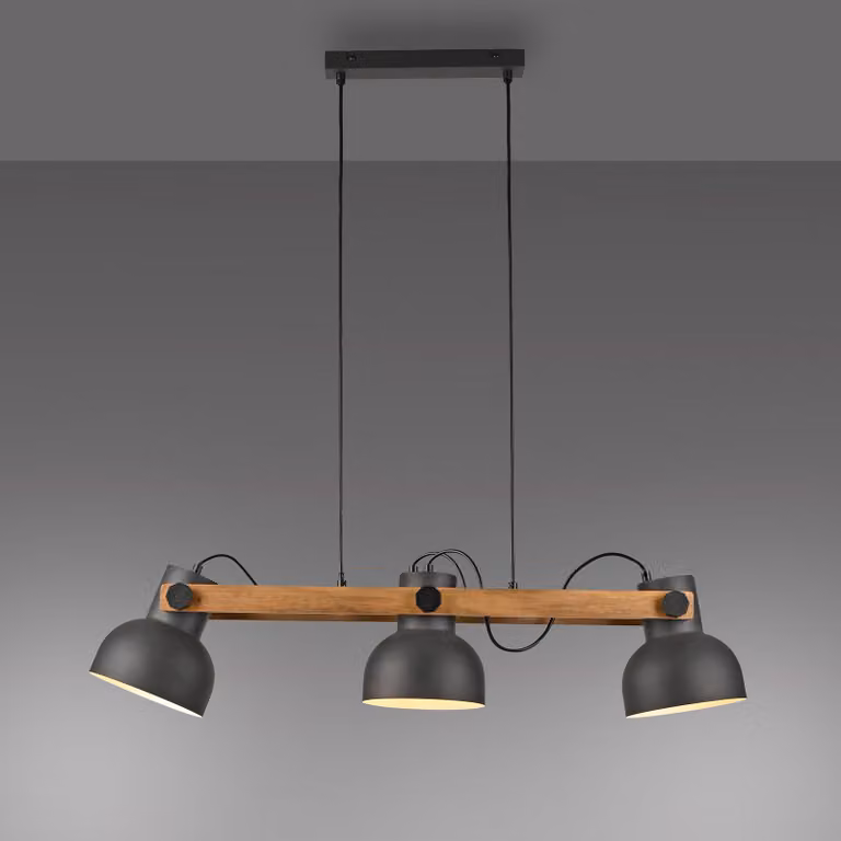 JUST LIGHT CUP 2.0 Hanglamp, 3-voudig, zwart en hout, E27, Hoogte: 82 cm