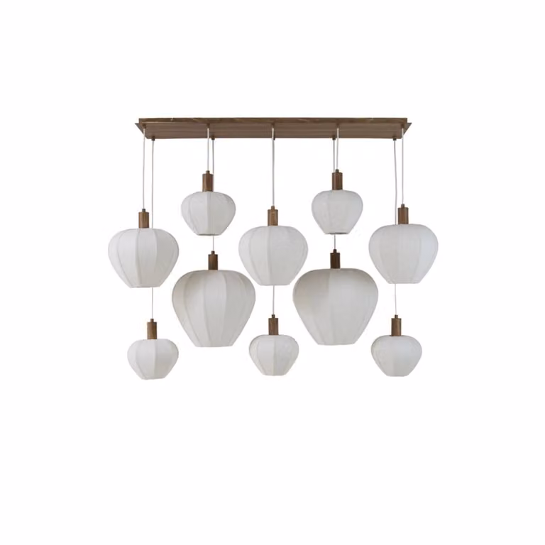 Light & Living Japandi hanglamp Huxi 10-lichts, houtprint en linnen crème, B: 49 cm, D: 49 cm, H: 144 tot 200 cm