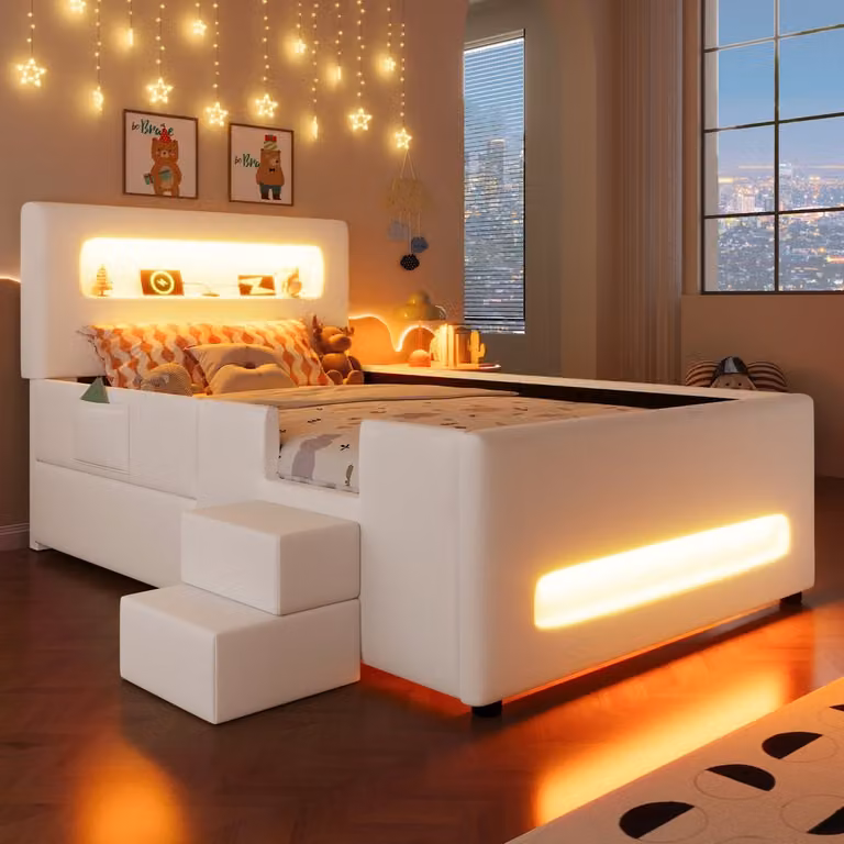 FloraGrace Gestoffeerd Kinderbed met Ledverlichting, Usb Oplaadpunt en Lade - Wit - B/D: 90 x 200 cm