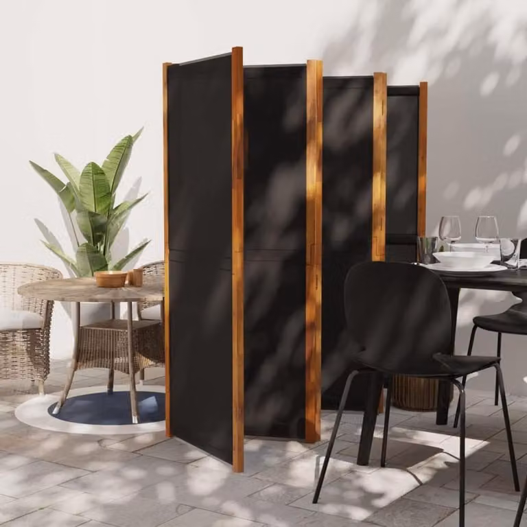 Paravent met 6 panelen van massief acaciahout en textiel in zwart - Ruimteverdeler - 420 x 180 cm
