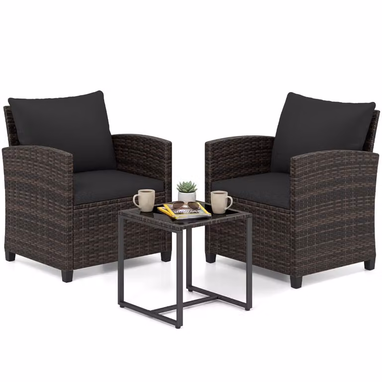 Costway 3-delige tuinmeubelset met 2 gestoffeerde fauteuils en salontafel van gehard glas in bruin rietwerk en zwart