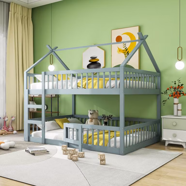 Grijs kinder stapelbed met speelzolder en familiebed, massief hout en metaal, B/D/H: 140 x 200 cm
