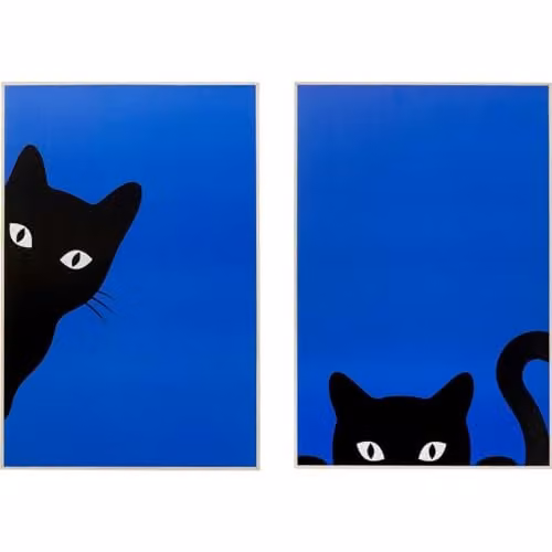 Kare Design Ciao Gatto Muurschildering Set van 2, Blauw/Zwart, Abstracte Fotoprint, H x B: 40 x 40 cm