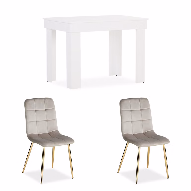 Homestyle4u Eetset met massieve houten eettafel en 2 fluwelen stoelen in crème, B/D: 90 x 60 cm