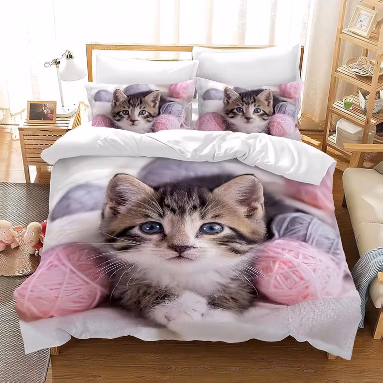 Kinder Dekbedovertrek Set met Kattenprint en Kussensloop, Multicolor, 200 x 200 cm