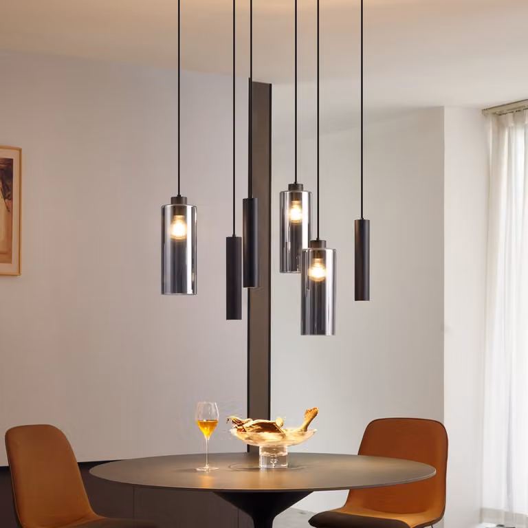 Moderne hanglamp Qazqa zwart met grijs glas, 6-lichts