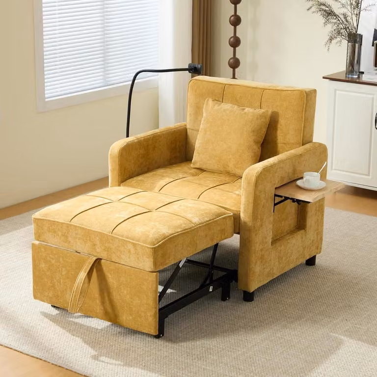 Mosterdgele fauteuil ligstoel met kussen, 5-voudig verstelbare slaapstoel, H x B x D: 83 x 167 x 79 cm